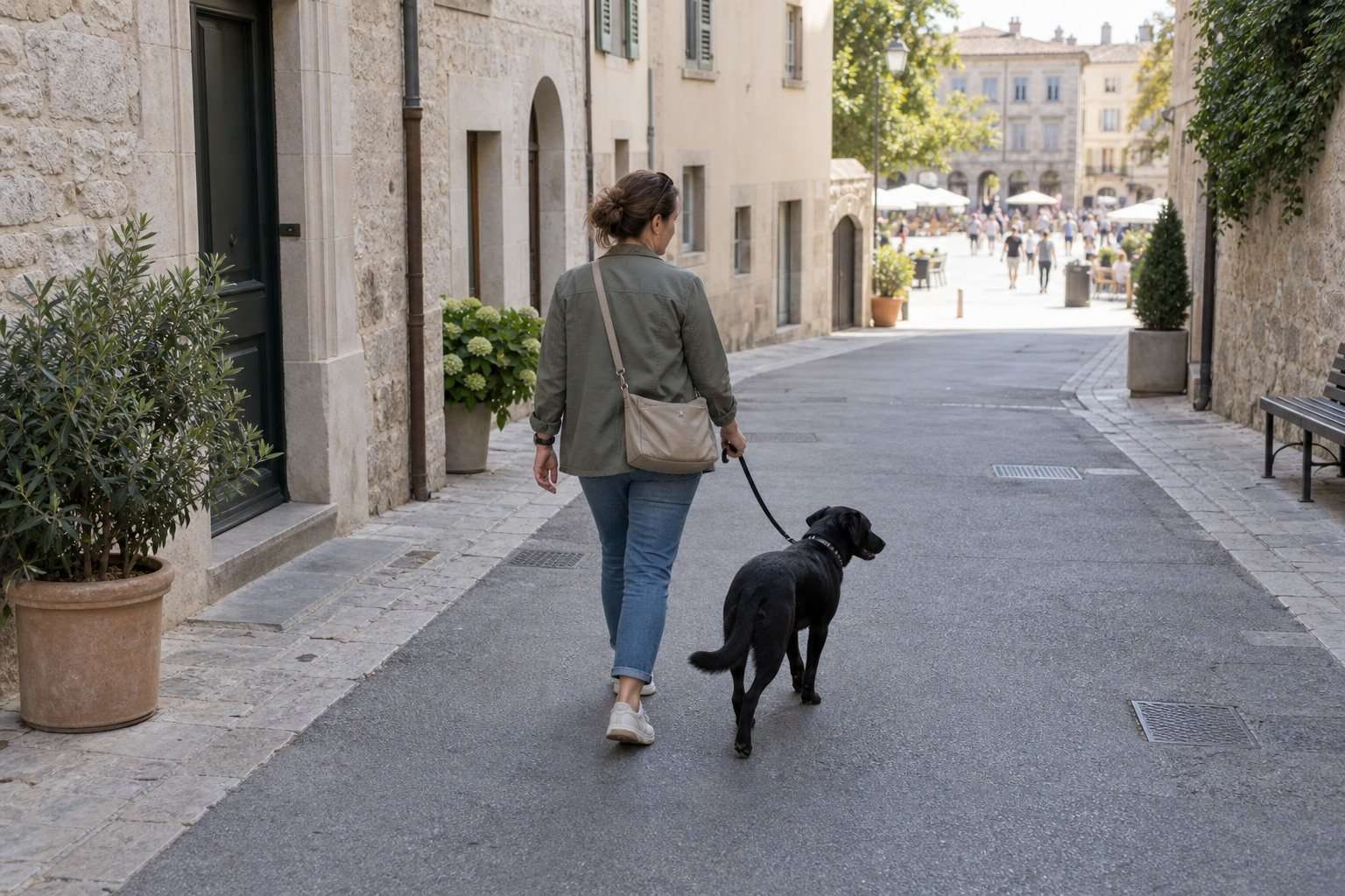 Perro negro con su acompañante en una calle tranquila